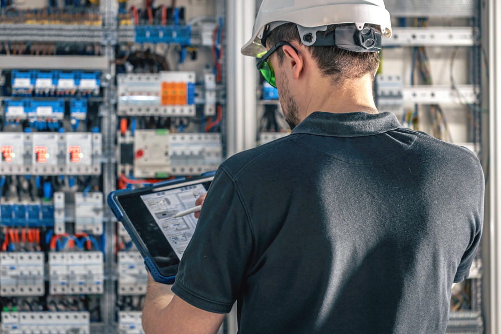 Специалист с планшетом проверяет электрощитовую системы объекта