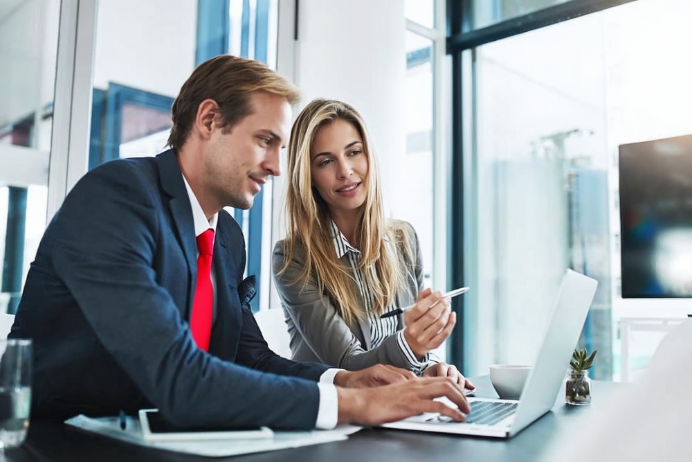 Два профессионала обсуждают инвестиционное предложение на ноутбуке в современном офисе